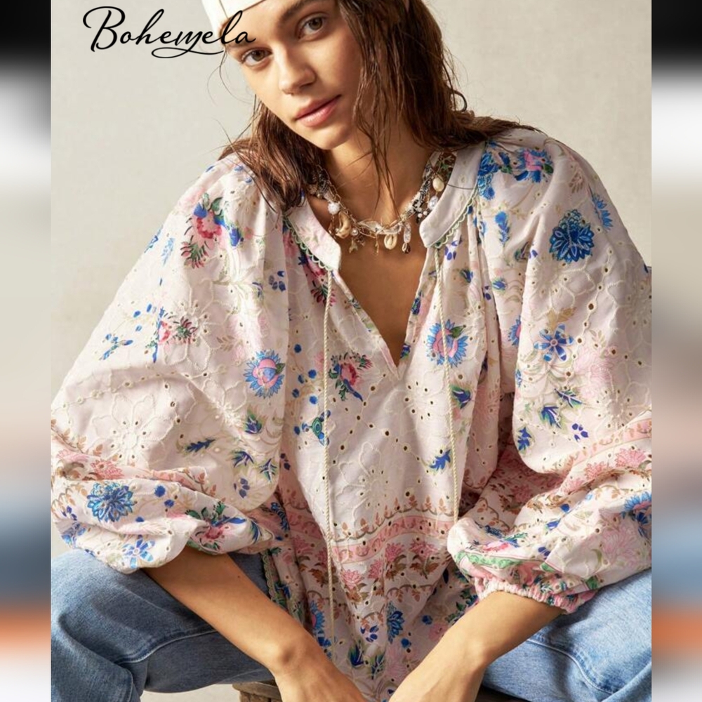 Bohemian Floral Eyelet Blouse Pink Blue Romantic Size L